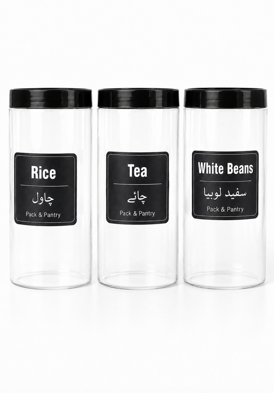 Pack of 3 – 1250ml Airtight Plastic Food Storage Jars - WITH STICKERS