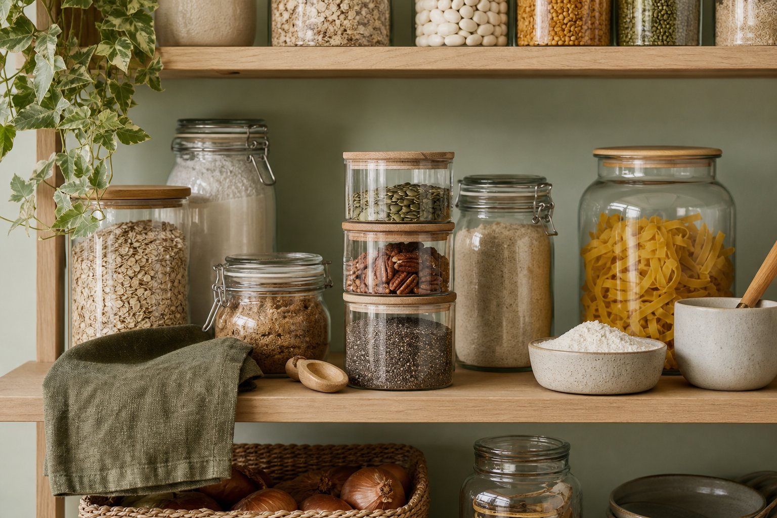 Glass jars and containers arranged on kitchen shelving
