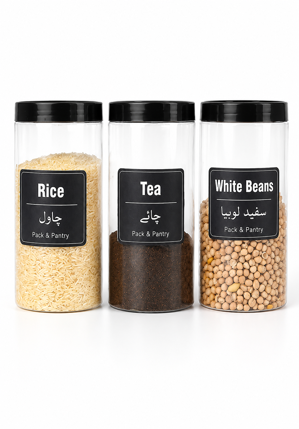 Pack of 3 – 1250ml Airtight Plastic Food Storage Jars - WITH STICKERS