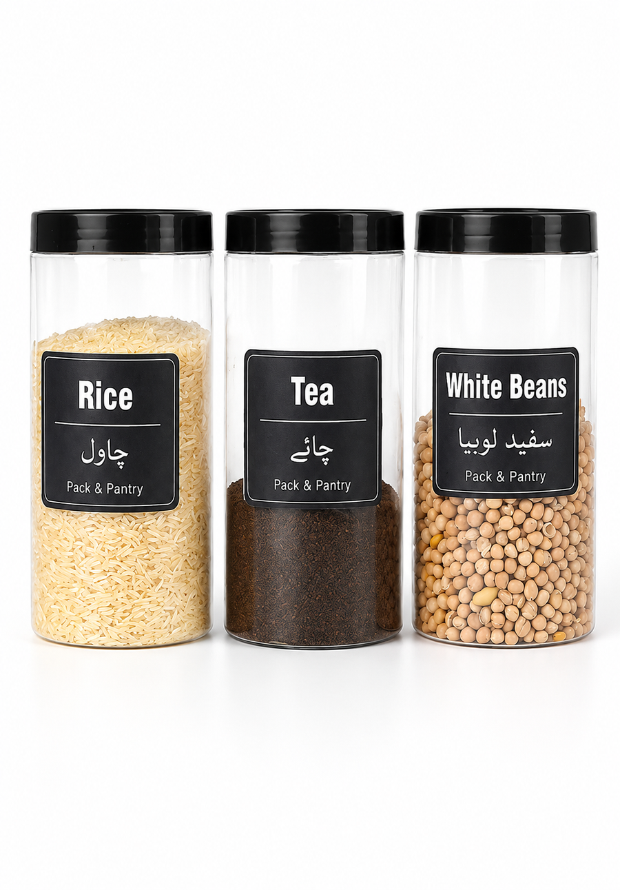Pack of 3 – 1250ml Airtight Plastic Food Storage Jars - WITH STICKERS